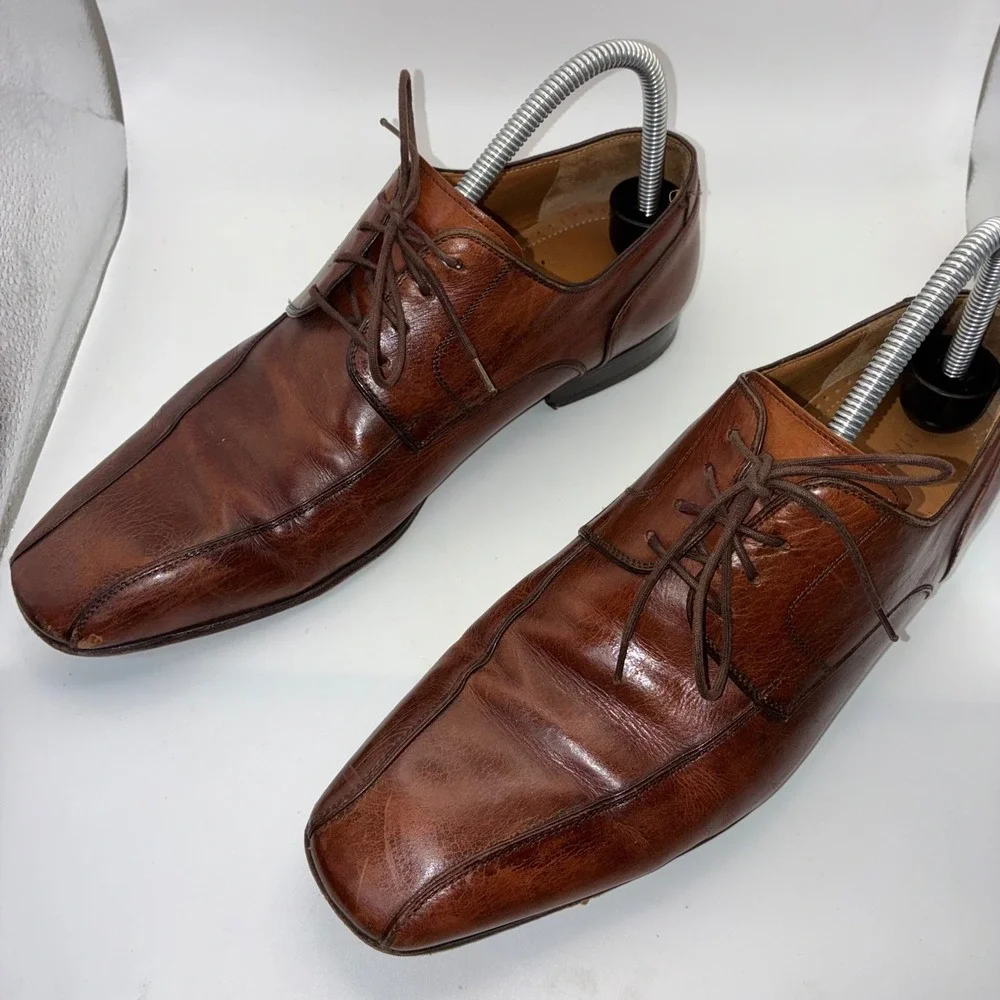 Magnanni Mens Brown Leather Square Toe Derby Dress Shoes EU 41.5‎ US 8.5M